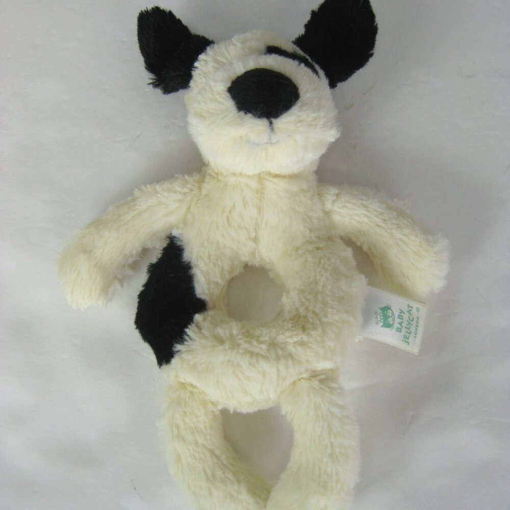 JELLYCAT LONDON Bashful Black & Cream Spotted Puppy Baby Ring Rattle Toy 7"